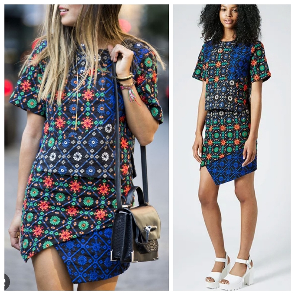 Topshop‎ 2-Piece Skirt Set Floral Embroidery Sz 4 Black Blue Orange Green Cotton